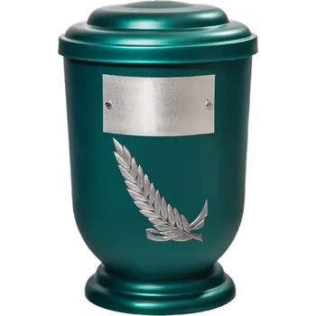 Smuteční dekorace Pohřební Plastová urna na popel, oválné oblé víčko, zelená, štítek č. 52, 100 x 50, stříbrná snítka
