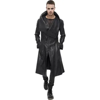 Pánský kabát kabát pánský DEVIL FASHION - Villain Blues Punk Faux Leather Trench Coat - Black
