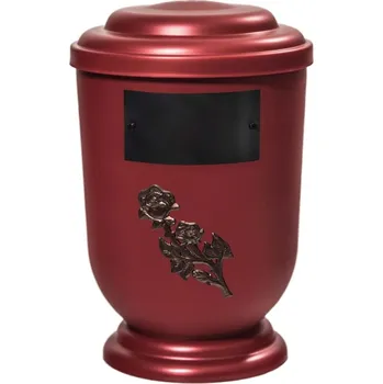 Smuteční dekorace Pohřební Plastová urna na popel, oválné oblé víčko, červená, štítek č. 51, 100 x 50, hnědá růže