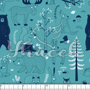 Zakázkový tisk, softshell, kočárkovina... Zvířátka v lese na modré Látky k tisku: Microfirba