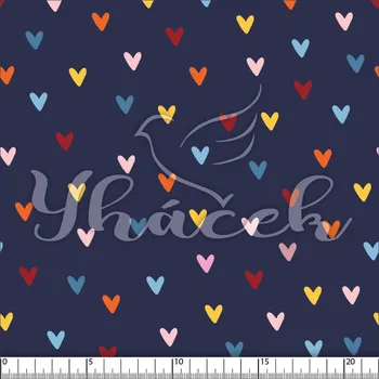 Zakázkový tisk, softshell, kočárkovina... Drobná srdíčka na navy Látky k tisku: Microfirba