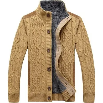 Pánský zimní kabát Pletená bunda zimní na knoflíky s copánky a kožíškem Barva: Žlutá, Velikost: M