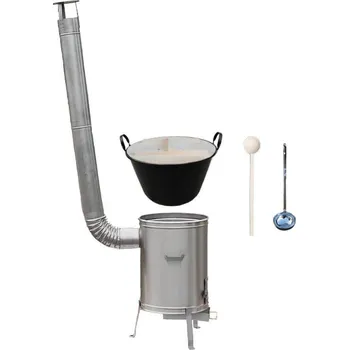 Kempingové nádobí Zabijačkový smaltovaný kotel 100 L + nerezová kotlina 60 cm + dřevěná poklice vařečka a naběračka