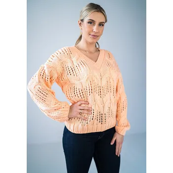 Dámský svetr Prolamovaný svetr s výstřihem do V M910 Barva: Oranžová, Velikost: ONE SIZE
