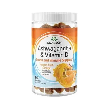 Swanson Ashwagandha & Vitamin D Doplněk stravy s ashwagandhou a vitamínem D3 60 ks, Mučenka - Pomeranč, gummies