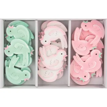 Velikonoční dekorace Ptáček dřevěný s lepíkem 3 cm 24 ks v krabičce pastelové barvy