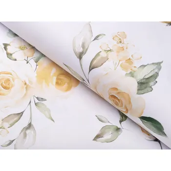 Teflonová látka na ubrusy TF-043 Žluté růže na bílém - šířka 150 cm
