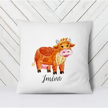 Dekorativní polštářek Domovi Bílý polštář s vlastním jménem a kravičkou 40x40