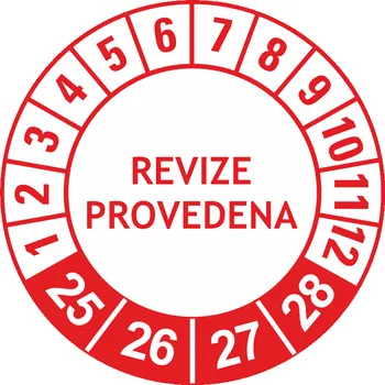 Samolepící etiketa Revize provedena 2025-2028 samolepící vinylová fólie 40 mm aršík 10 kusů