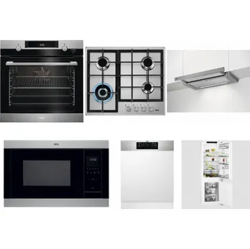 Set domácích spotřebičů AEG Mastery SteamBake BCK455350M + AEG Mastery StepPower HGB64420SM + AEG DPE5660M + AEG Mastery MSB2547D-M + AEG FEE72706PM + AEG Mastery FlexiShelf SCE818D3LC