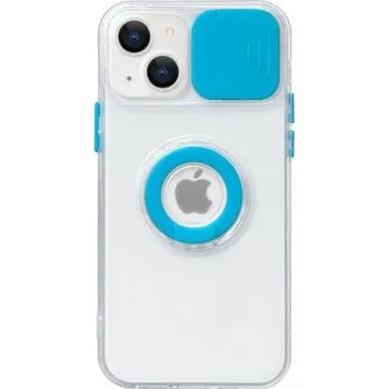 Transparentní kryt s držákem na prst a krytkou kamery pro iPhone 14 Plus - modrý