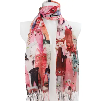 Šátek Dámský obdélníkový šál s potiskem koček 209-8, růžové barvy 7200550