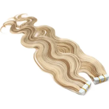 Příčesek 60cm Tape hair / pu extension / Tape IN lidské vlasy remy vlnité – platina / světle hnědá