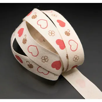 Stuha Bavlněná stuha se srdíčky a čtyřlístky - červená, smetanová, hnědá - šíře 1,5 cm