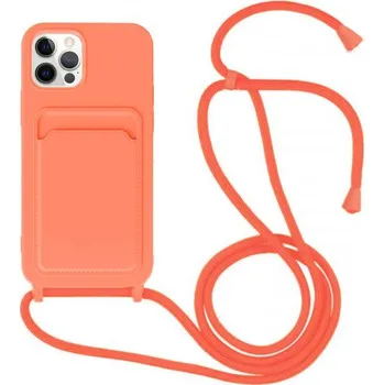 Pouzdro na mobilní telefon Silikonový kryt se šňůrkou a kapsou na karty pro iPhone 12 Pro Max - neonově oranžový