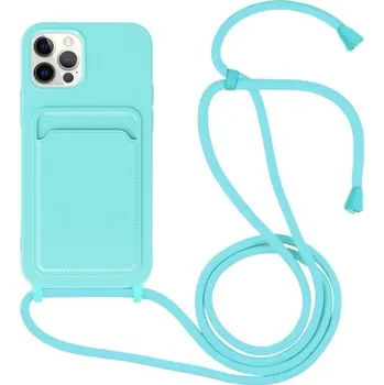Pouzdro na mobilní telefon Silikonový kryt se šňůrkou a kapsou na karty pro iPhone 12 Pro Max - tyrkysový