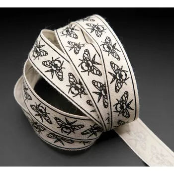 Stuha Bavlněná stuha se včelami - smetanová, černá - šíře 1,5 cm