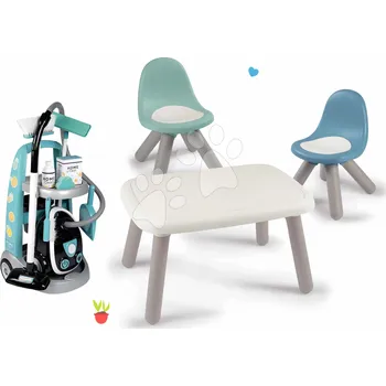 Dětská kuchyňka Set upratovací vozík s elektronickým vysávačom Cleaning Trolley Vacuum Cleaner Smoby a stůl KidTable s 2 židlemi KidChair