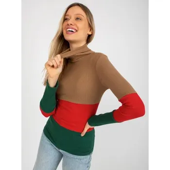 Dámský svetr Dámská halenka s rolákem pruhovaná MIDA tmavě hnědá červená