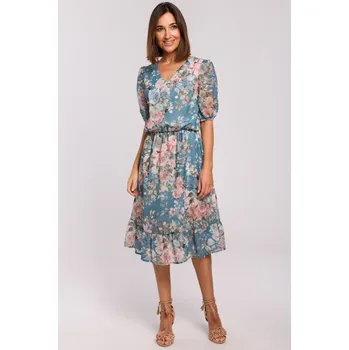 Dámské šaty Šifonové barevné šaty s výstřihem, EU výroba S215 - XXL Barva: Modrá, Velikost: 2XL