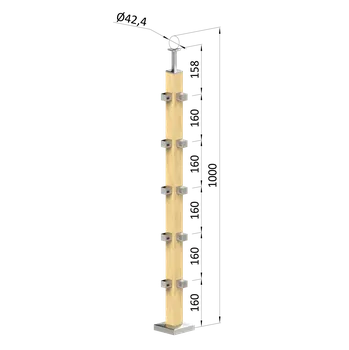 Zábradlí KOVIAN, s.r.o. Dřevěný sloup, vrchní kotvení, 5 řadový, rohový: 90°, vrch pevný (40x40 mm), materiál: buk, broušený povrch s nátěrem BORI (bezbarvý)
