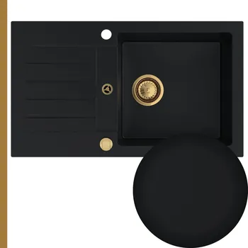 Granitový dřez Sink Quality Natalie, kuchyňský granitový dřez 770x450x170 mm + zlatý sifon, černá, SKQ-NAT.C.1KDO.XG