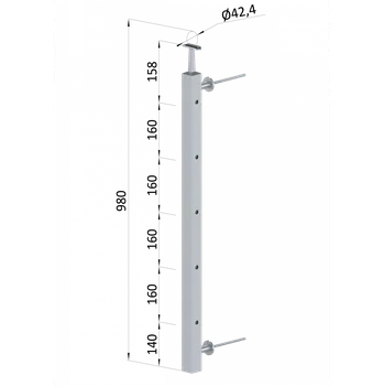 Zábradlí KOVIAN, s.r.o. Nerezový sloup na francouzský balkón, boční kotvení, 5 dírový, pravý, vrch pevný, (40x40x2.0 mm), broušená nerez K320 /AISI304