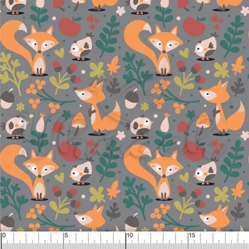 Zakázkový tisk, softshell, kočárkovina... Lišky a jablíčka na šedé Látky k tisku: Lycra