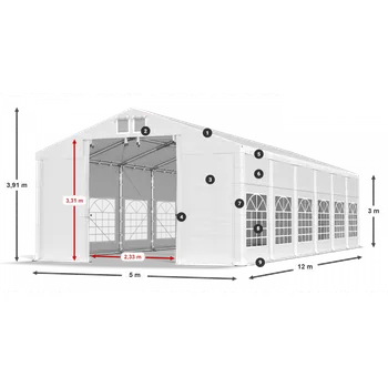Zahradní stan Párty stan 5x12x3m střecha PVC 620g/m2 boky PVC 620g/m2 konstrukce ZIMA PLUS Šedá Bílá Zelená