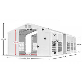 Zahradní stan Párty stan 5x18x2,5m střecha PVC 620g/m2 boky PVC 620g/m2 konstrukce ZIMA PLUS Šedá Bílá Zelená