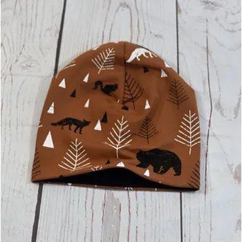 Kojenecká čepice Yháček Šmoulí čepička Yháček, oboustranná, Lesní zvěř na karamelové Velikost:: XS
