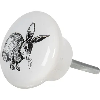 Dveřní kování Bílá keramická úchytka na nábytek s motivem králíka – Ø 4*2 cm