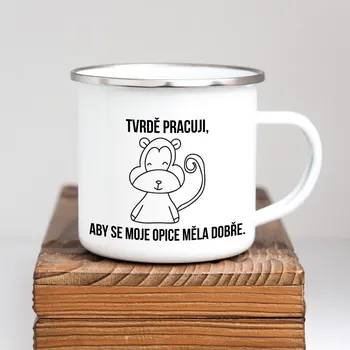 Domovi Bílý plecháček s nápisem Tvrdě pracuji, aby se moje opice měla dobře 360ml