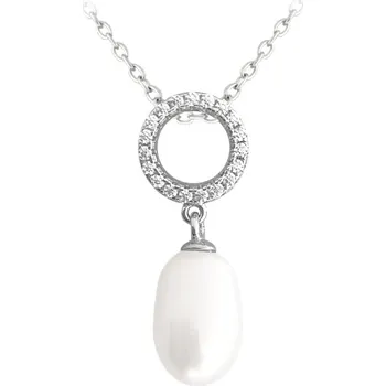 Náhrdelník Stříbrný náhrdelník přírodní perla s bílými zirkony, 42-45 cm