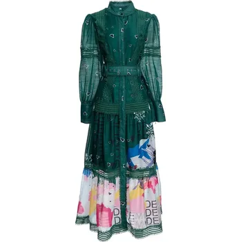 Dámské šaty Vintážní maxi šaty se šifonovými rukávy a stojáčkem - L Barva: Zelená, Velikost: L