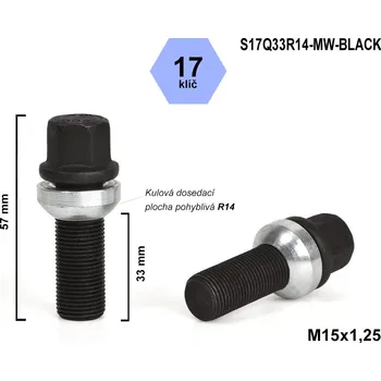Šroubek na kolo Kolový šroub M15x1,25x33 kulový R14, pohyblivá plocha, klíč 17, S17Q33R14-MW-BLACK, černý, výška 57 mm