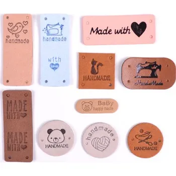 Koženkové štítky Handmade mix tvarů - balení 10 ks