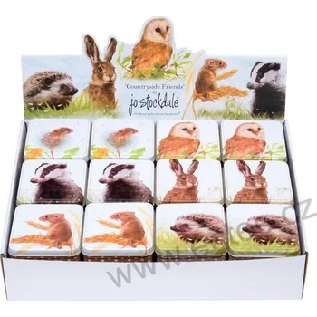 Dóza na potraviny COUNTRYSIDE FRIENDS plechová dóza na čokoládu 7418/40 lesní a polní zvířátka: sova, zajíc, ježek, jezevec, hraboš a myška | 6-MIX