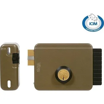 elektrický zámek V05, metalický bronzový lak - zámek Viro se střelkou pro lehčí kryté dveře a branky otevírané dovnitř, vnitřní kulatá vložka, 3 klíče, pravý