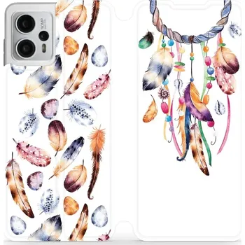 Pouzdro na mobilní telefon Flipové pouzdro Mobiwear - Motorola Moto G23 - M003S Lapač a barevná pírka (Knížkové flip pouzdro, obal, kryt na mobil Motorola Moto G23 - M003S Lapač a barevná pírka, materiál Umělá kůže + TPU - ochrana 360°, stojánek, silikonová vanička, magnetické)