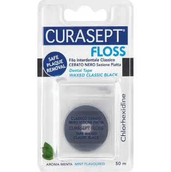Zubní nit Curasept Floss Black voskovaná zubní nit s CHX (mint), 50 ks