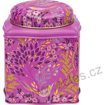 Dóza na potraviny MAUVE SONGBIRD fialová plechová dóza na čaj caddy 3068 ptáček a zlaté lístky a květy
