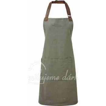 Kuchyňská zástěra Dlouhá klasická zástěra s laclem, kapsy, koženkový nastavitelný popruh, khaki