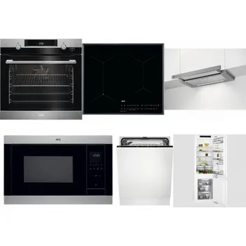 Set domácích spotřebičů AEG Mastery SteamBake BCK455350M + AEG Mastery SenseFry IAE64431FB + AEG DPE5660M + AEG Mastery MSB2547D-M + AEG FSK73607Z + AEG Mastery FlexiShelf SCE818D3LC