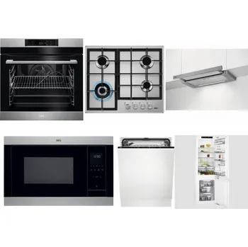 Set domácích spotřebičů AEG BPK742380M + AEG Mastery StepPower HGB64420SM + AEG DPE5660M + AEG Mastery MSB2547D-M + AEG FSK73607Z + AEG Mastery FlexiShelf SCE818D3LC