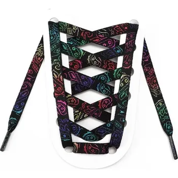 Tkaničky do bot Široké tkaničky s květinovým potiskem, jeden pár - Více barevné černé, 120 cm