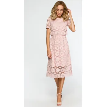 Dámské šaty Značkové krajkové šaty midi M405 - Růžové S/M Barva: Růžová, Velikost: M