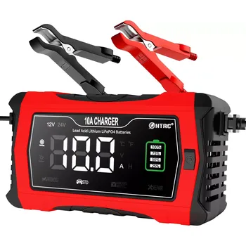 Nabíječka autobaterie Nabíječka mikroprocesor 10A 12V nebo 24V (5A) PB/GEL/AGM/LiFePO4 LCD displej, černo-červená (Nabíječka pro LiFePO4 baterie, nabíječka baterií 12V)