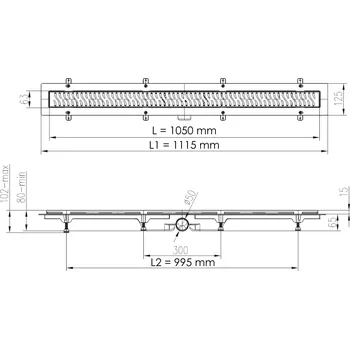 Kanalizační potrubí Lineární plastový žlab s bočním odtokem DN 50, SQUARE lesk 1050