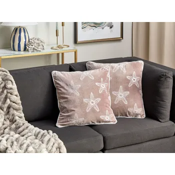Bytový textil Sada 2 dekorativních polštářů růžový samet 45 x 45 cm mořský motiv mořská hvězdice čtvercový vzor polyesterová výplň doplňky Beliani